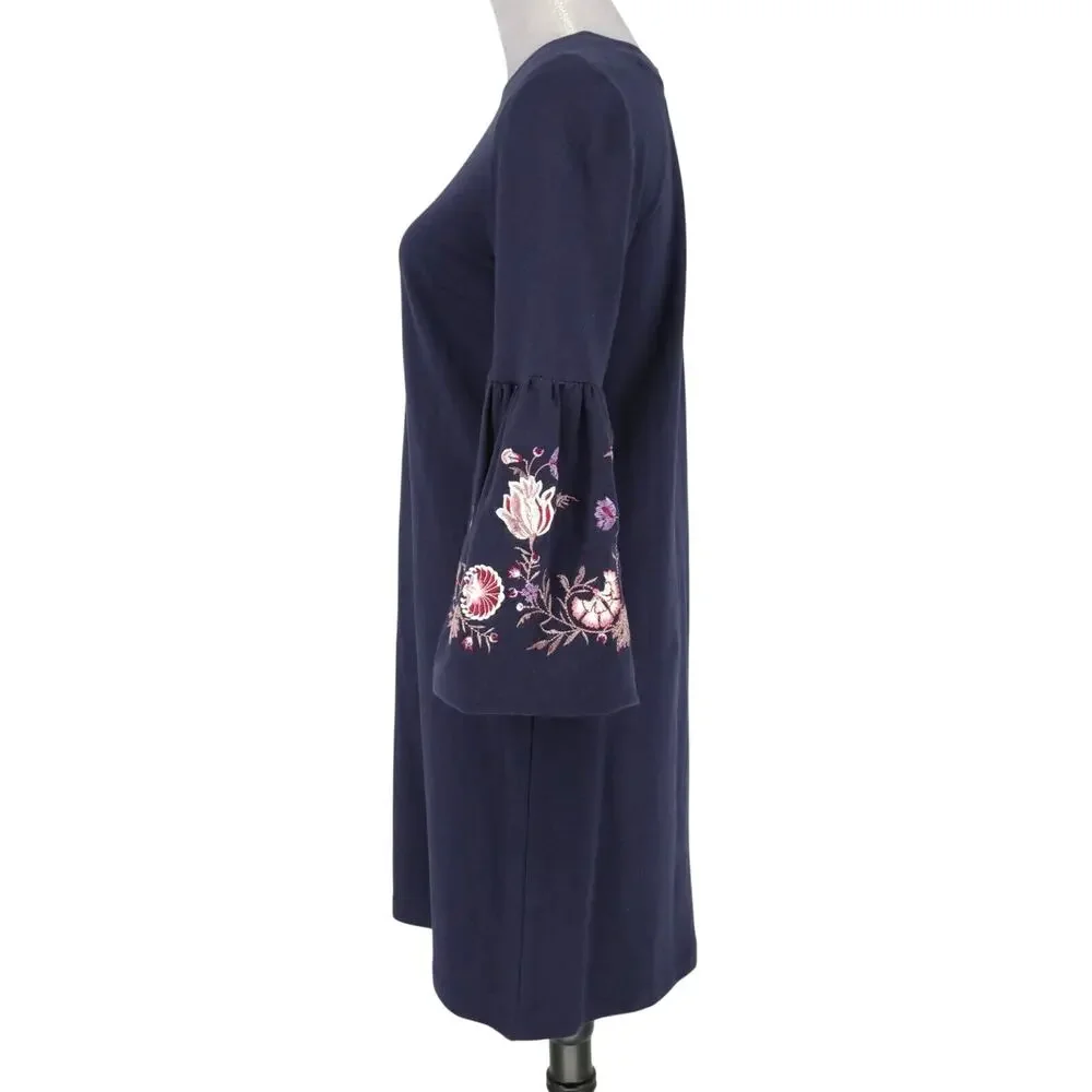 Loft Dress Womens Small Navy Blue Embroidered Bell Slv Stretch Cotton Knit New